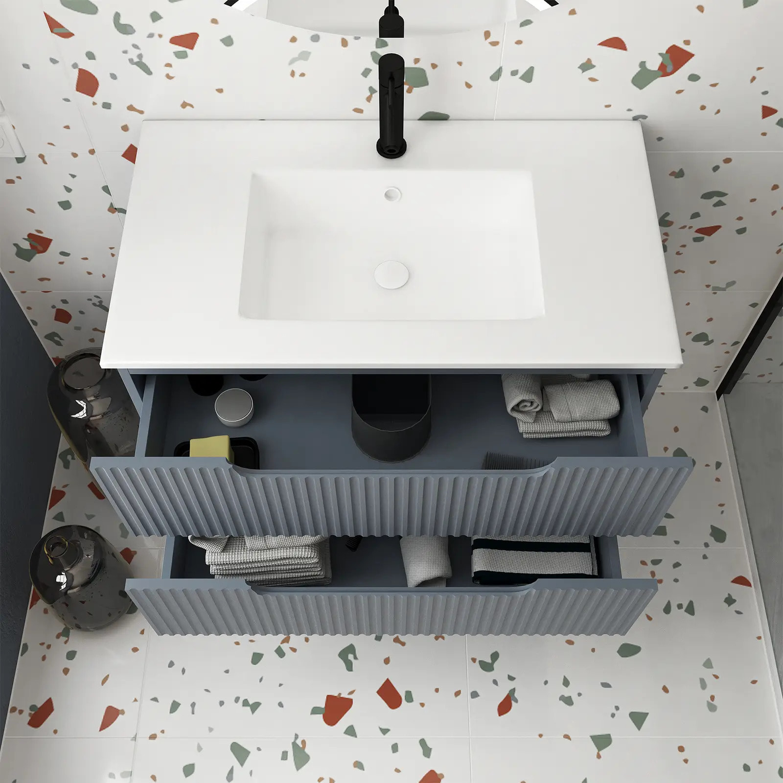 Meuble de Salle de Bains LEON 80cm Gris - 2 Tiroirs en MDF Ondulés - Vasque à encastrer