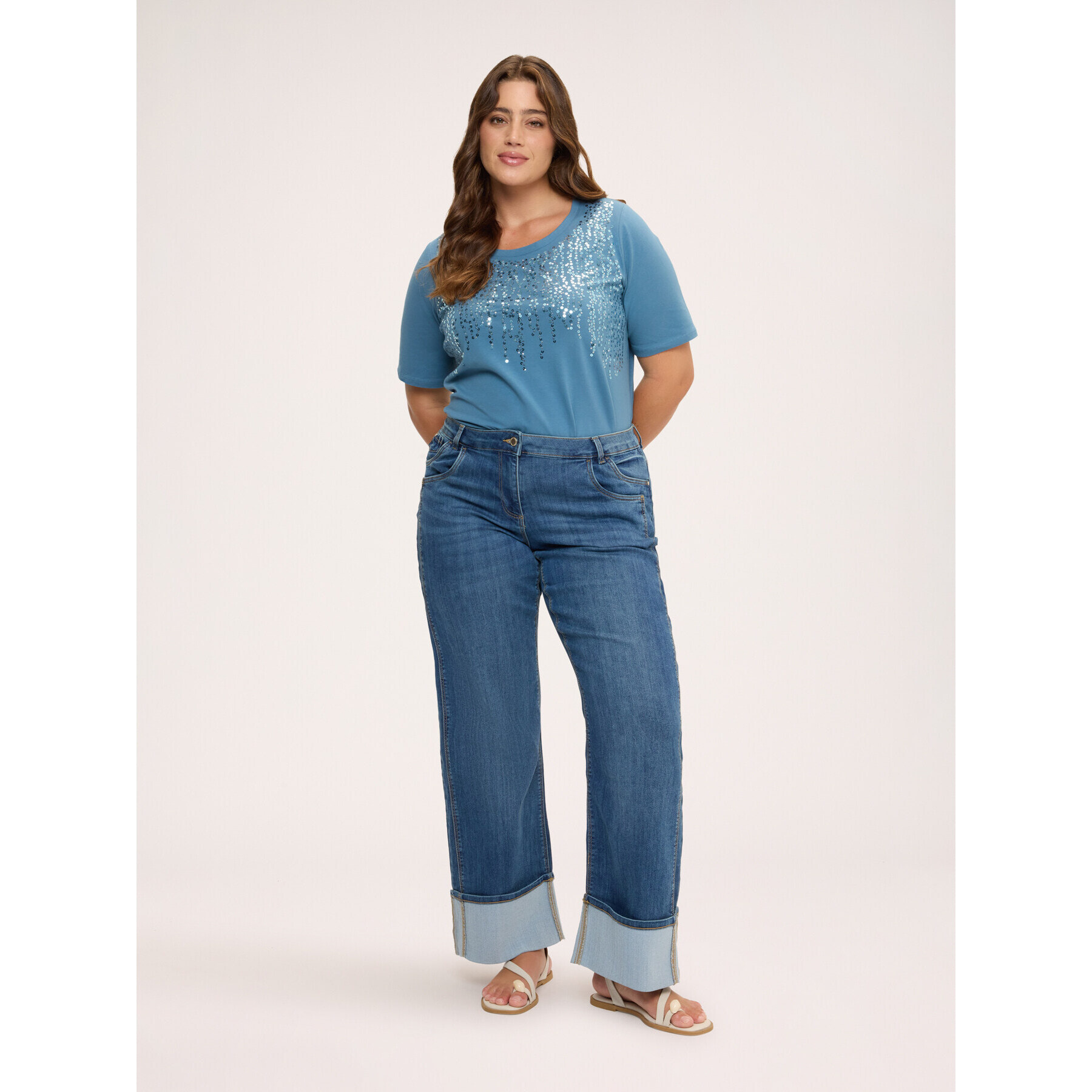 Fiorella Rubino - T-shirt in cotone con paillettes a cascata - Azzurro
