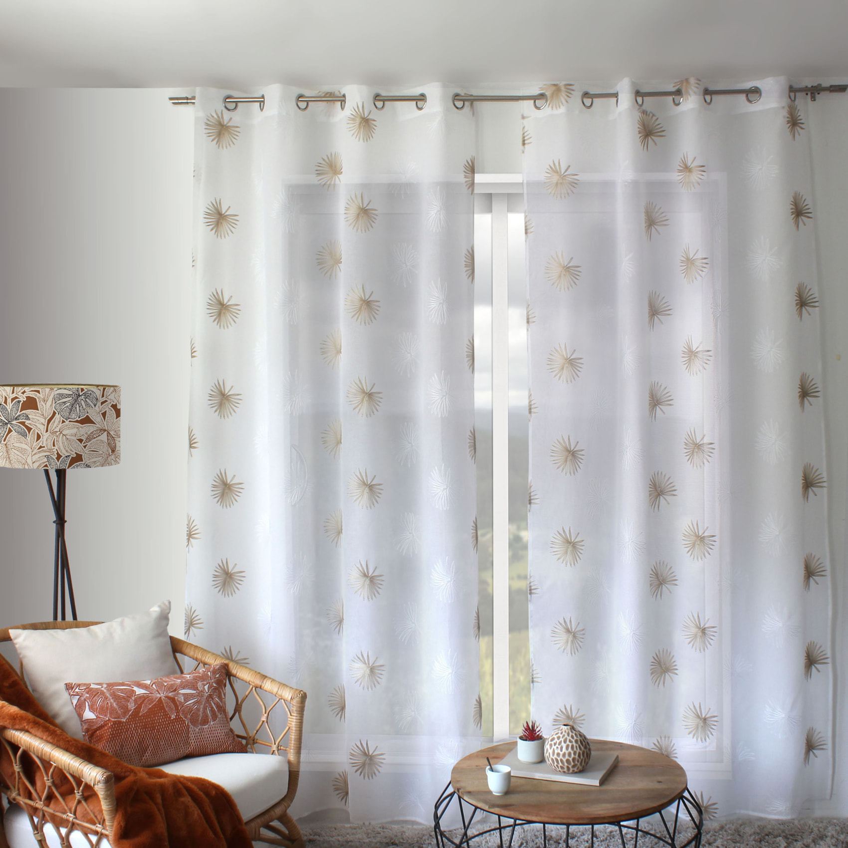 Voilage tamisant brodé  végétal - Beige