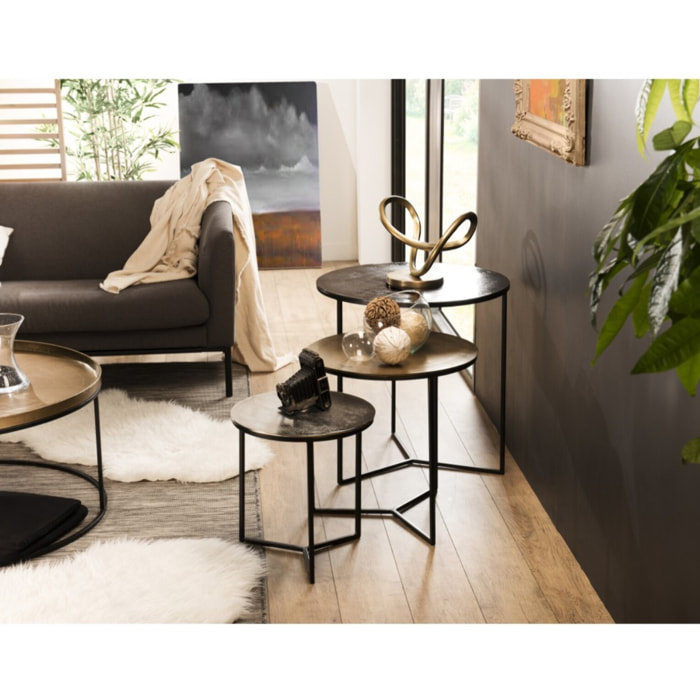 JOHAN - Set de 3 tables gigognes rondes aluminium noir doré argenté - pieds métal noir
