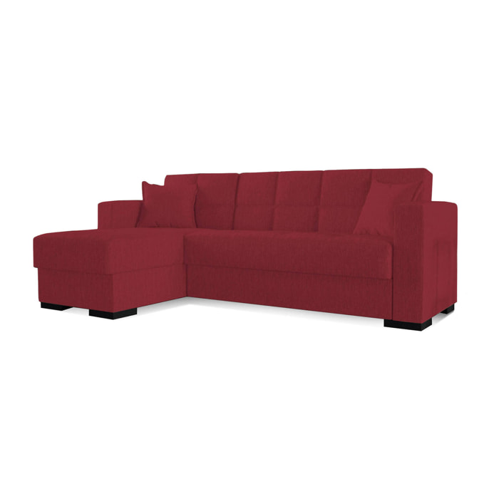 Divano letto Fernando, Divano letto ad angolo con penisola reversibile, Sofà contenitore da soggiorno con chaislongue e 2 cuscini, Cm 230x150h81, Rosso