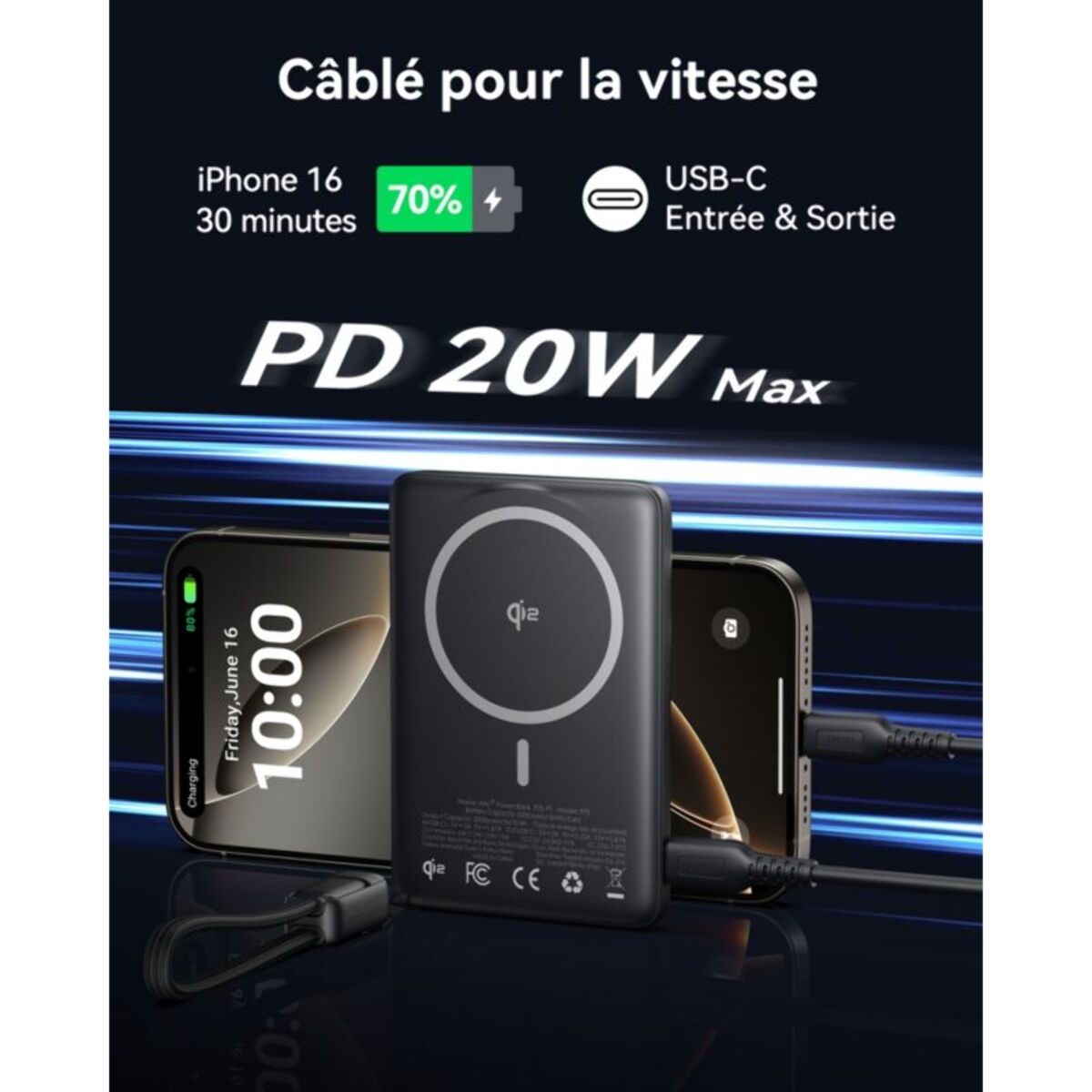 Batterie externe INIU 5000 mAh MagPro slim noir