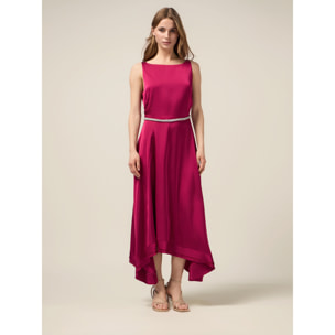 Oltre - Vestito lungo in raso con cintura gioiello - Fucsia