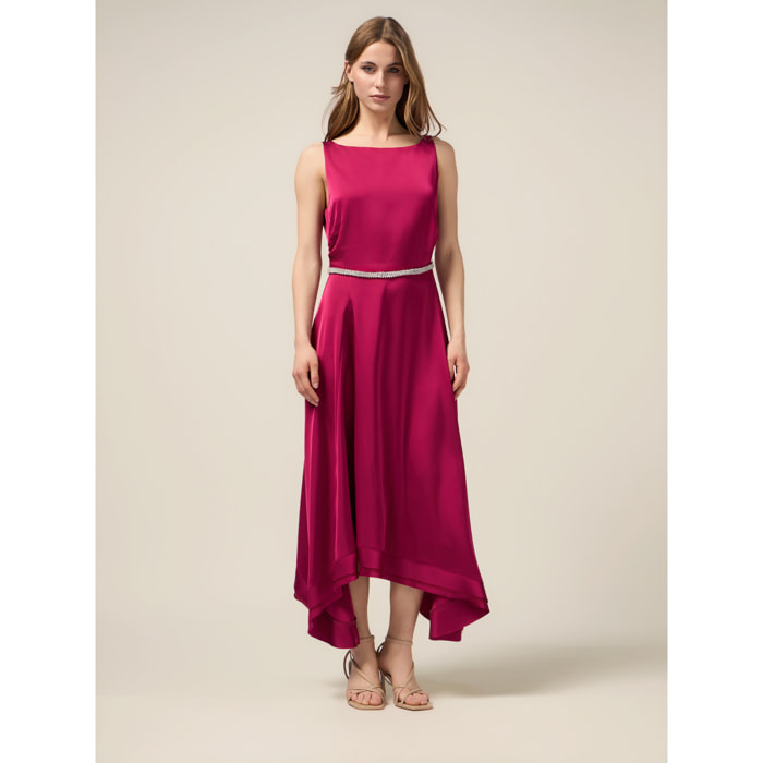 Oltre - Vestito lungo in raso con cintura gioiello - Fucsia