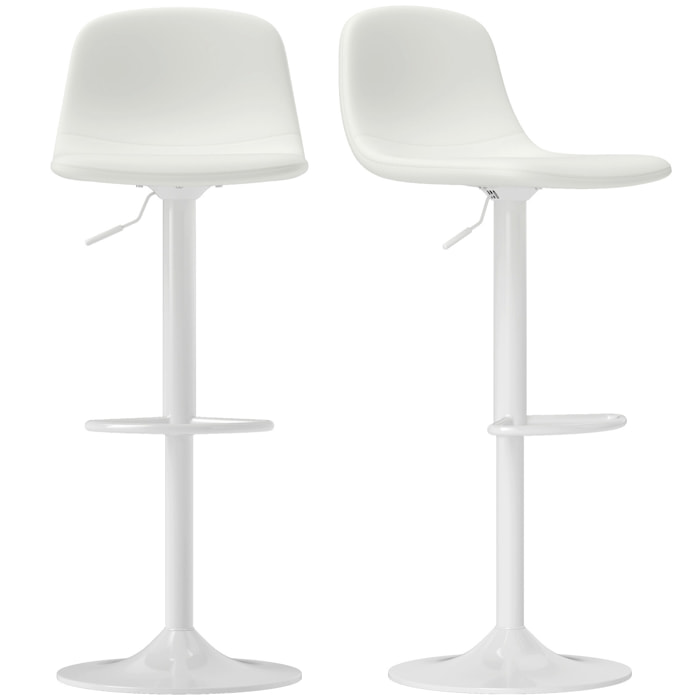 Juego de 2 Taburetes de Bar Taburetes Altos de Cocina Regulable en Altura 84-104 cm con Respaldo y Reposapiés Tapizado en PU Giratorio en 360° para Comedor Mostrador Blanco