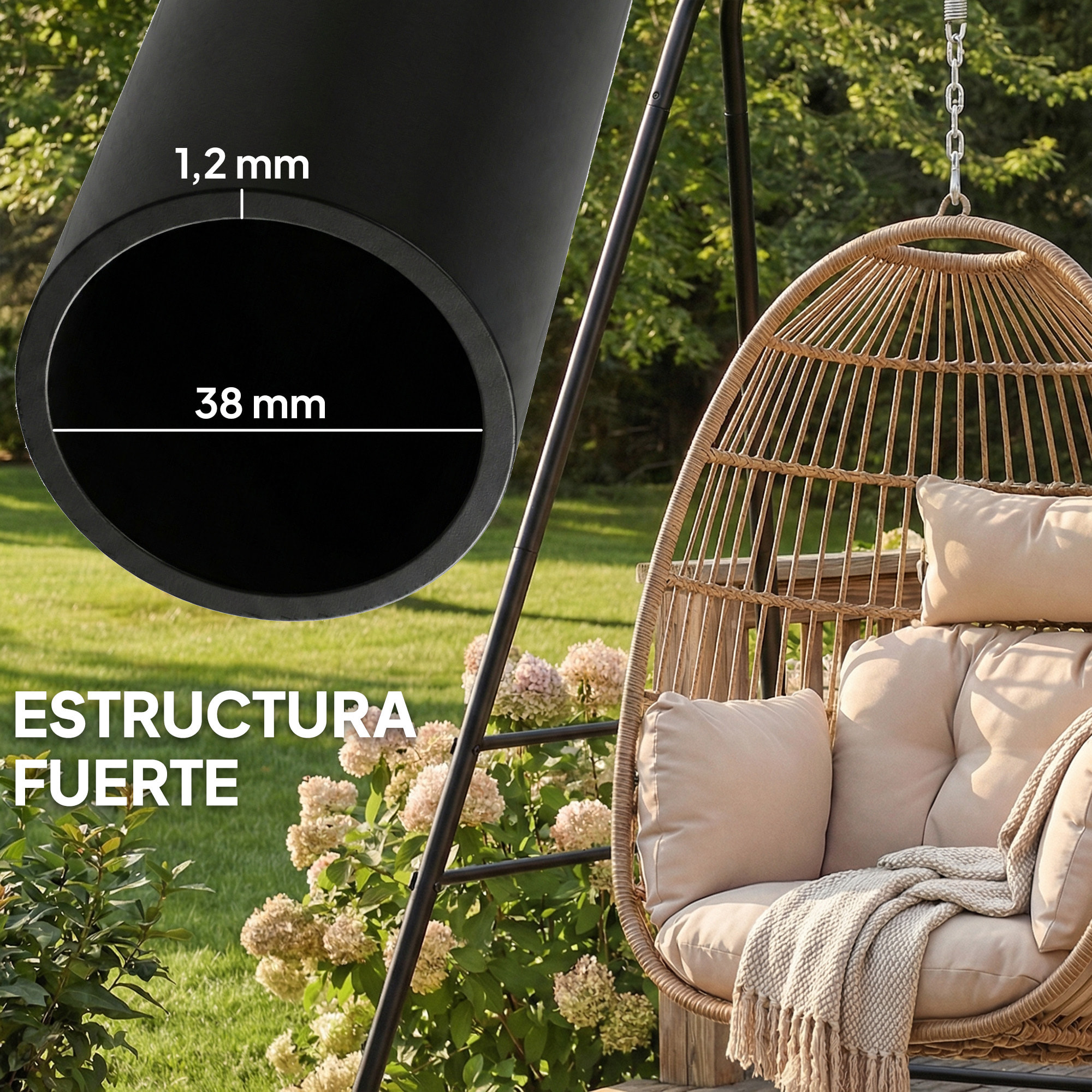 Soporte para Silla Colgante y Hamaca, 183 cm, Soporte para Columpio con Estructura de Acero, Almohadillas Antideslizantes y 2 Mosquetones, para Interior y Exterior, Carga 150 kg, Negro
