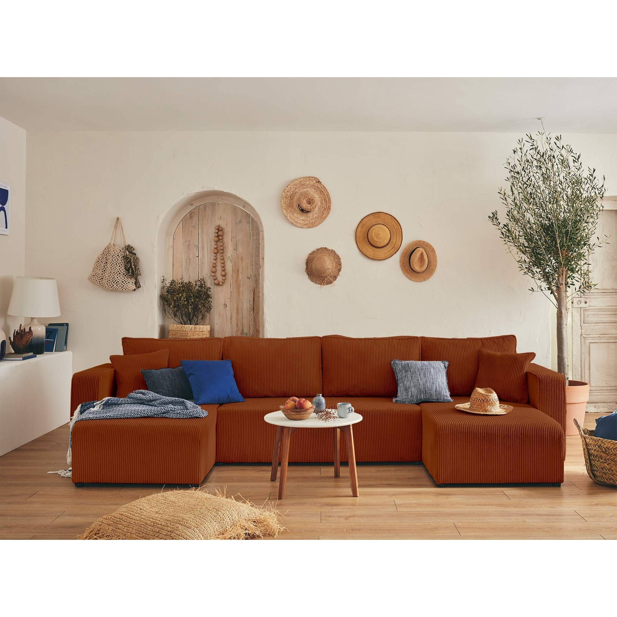 Topaze - canapé panoramique en U - 7 places - convertible avec coffre - en velours côtelé - Terracotta