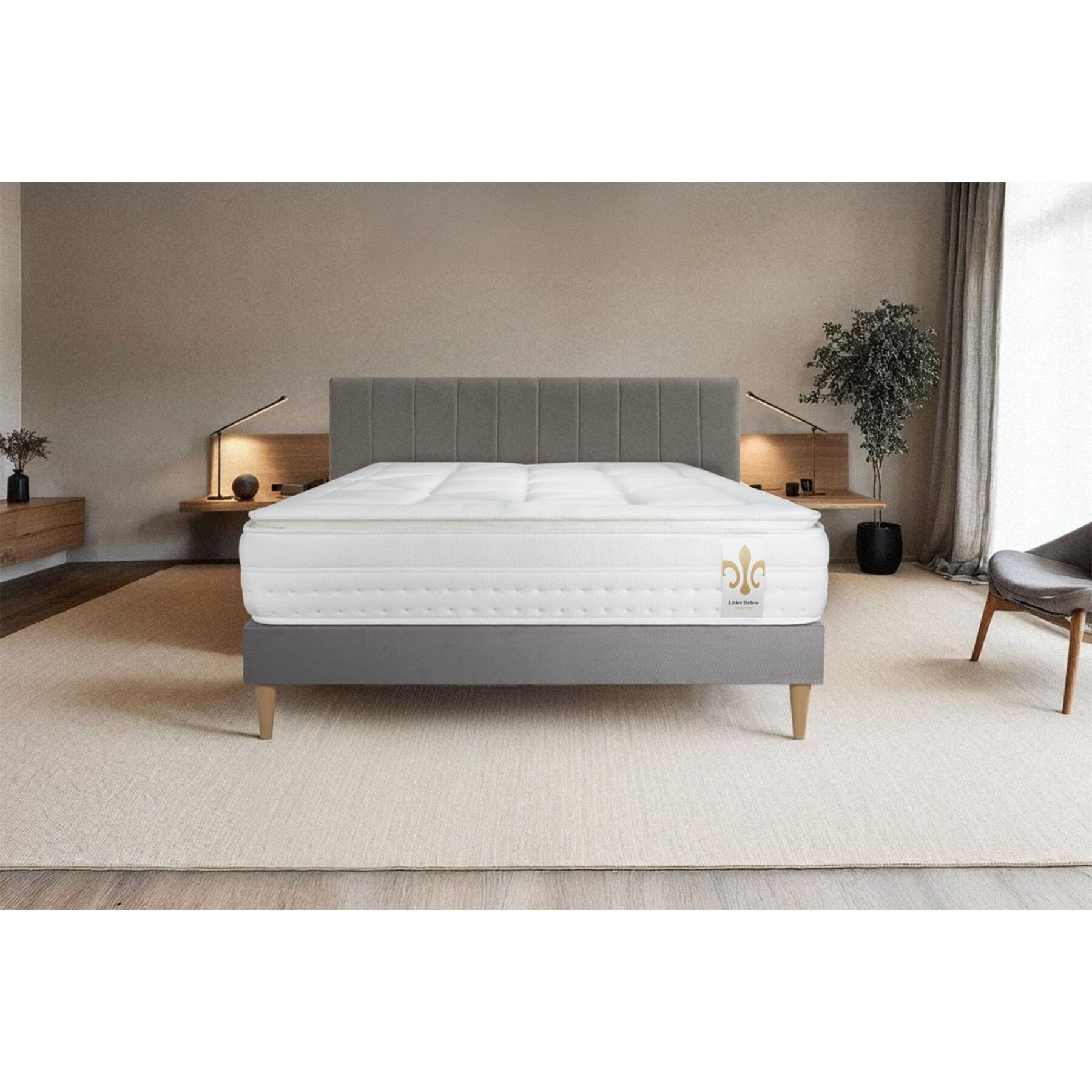 Ensemble Matelas Sommier 140x190 cm - Sommier Gris (déjà monté) - Vingt-Huit PLUS