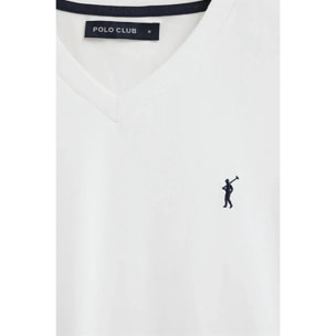 Camiseta blanca de cuello pico con logo Rigby Go