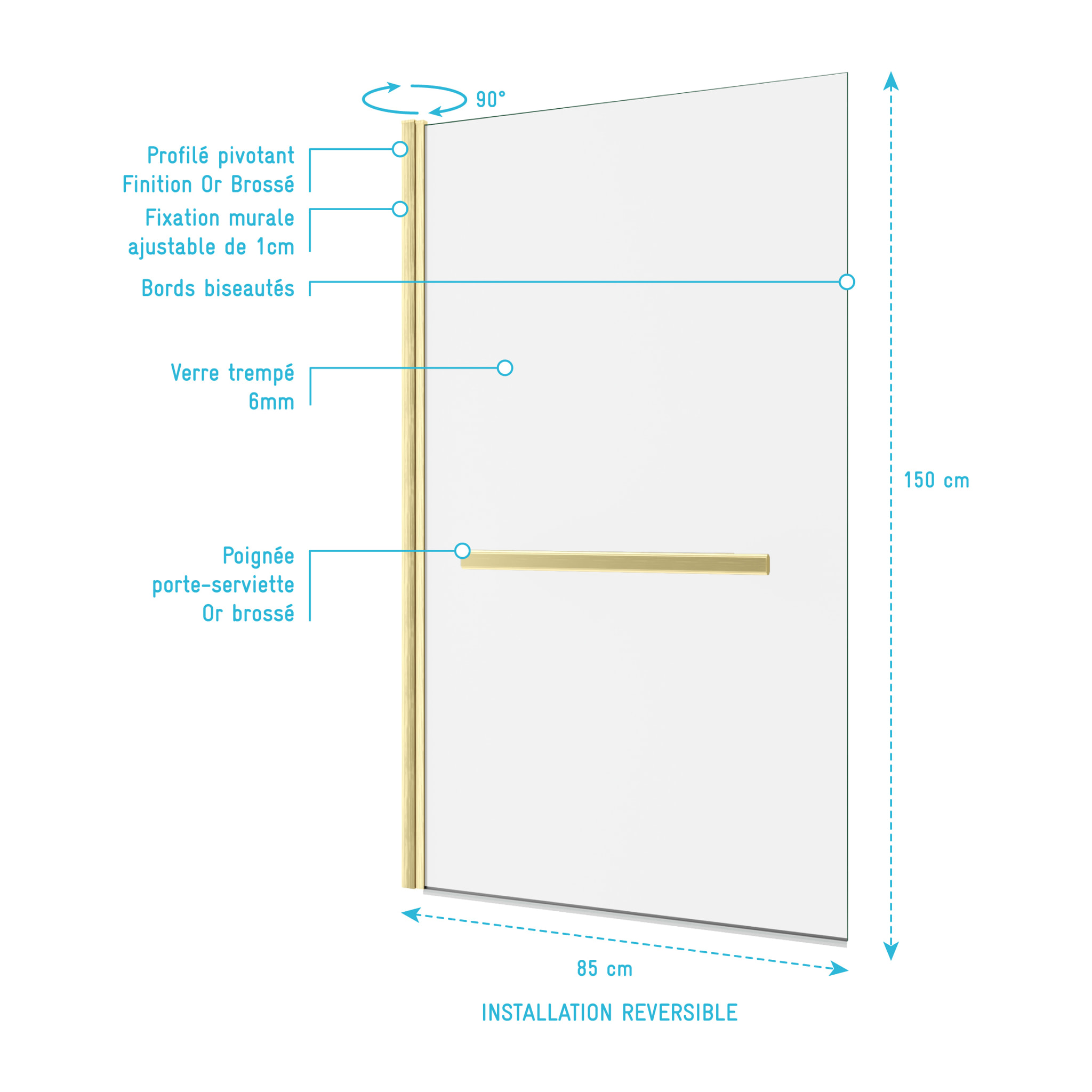 Pare baignoire Pivotant avec Porte-Serviette 85x150cm - Or Doré Brossé - Verre 6mm - TSHAPE GOLDY