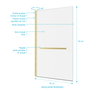 Pare baignoire Pivotant avec Porte-Serviette 85x150cm - Or Doré Brossé - Verre 6mm - TSHAPE GOLDY