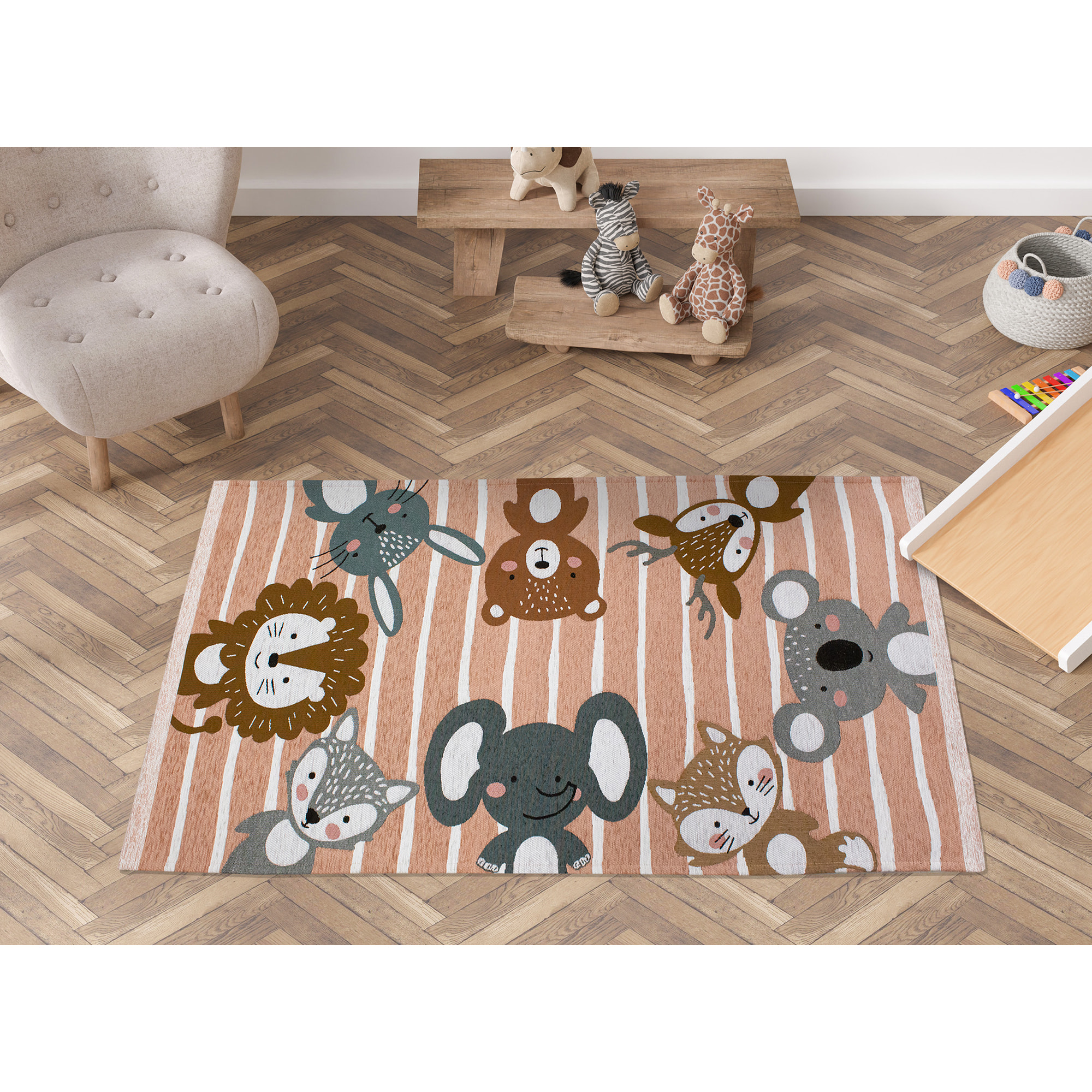 TAPPETO CAMERETTA ANIMALI ROSA CON FONDO ANTISCIVOLO