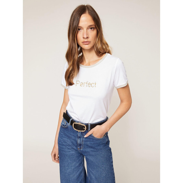 Motivi - T-shirt bordi lurex con scritta - Bianco