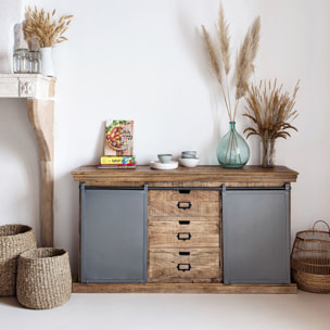 Buffet en bois 3 tiroirs 2 portes coulissantes en métal - Tabuk