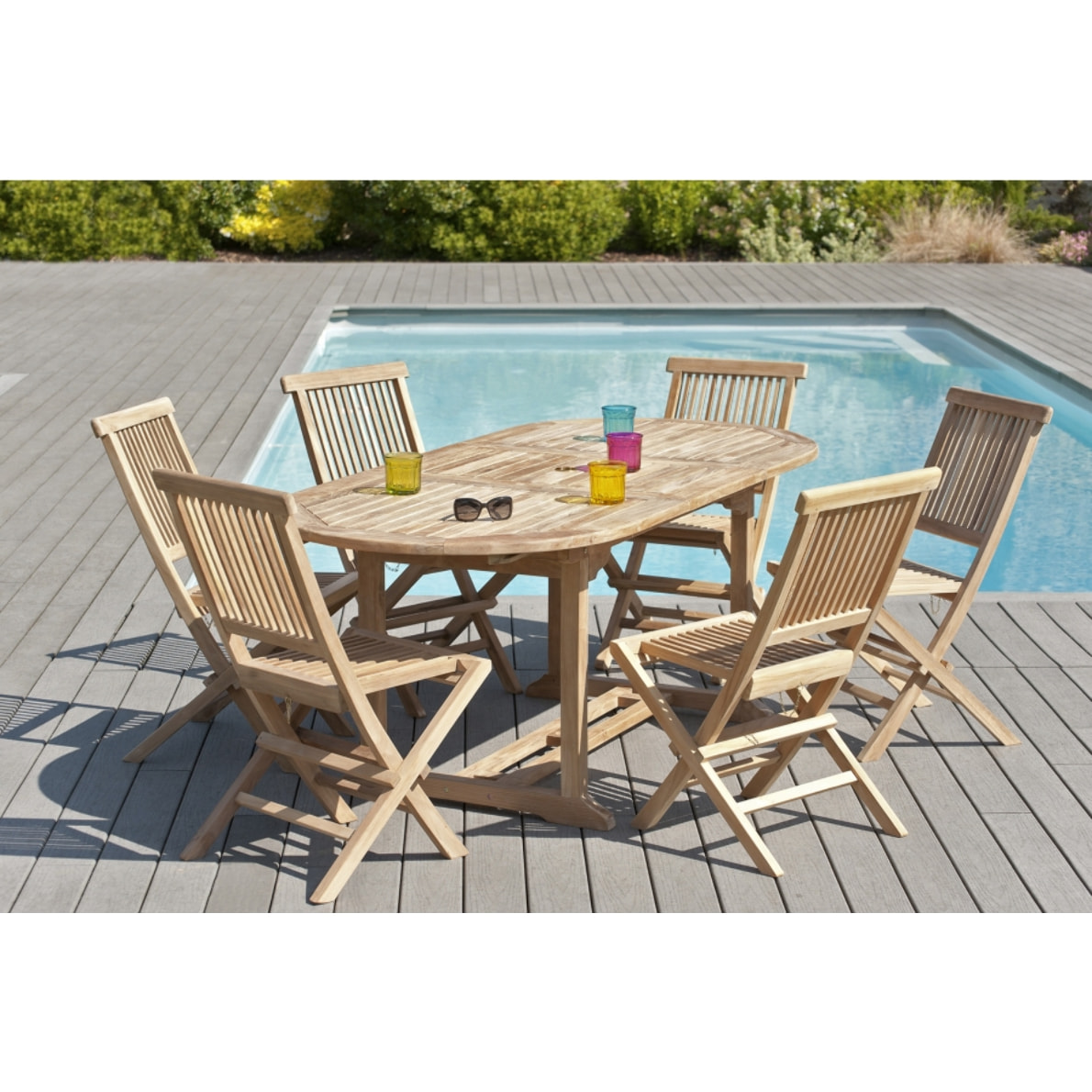 HARRIS - SALON DE JARDIN EN BOIS TECK 6/8 pers : Ensemble de jardin : 1 table ovale extensible 150*200/90cm et 6 chaises