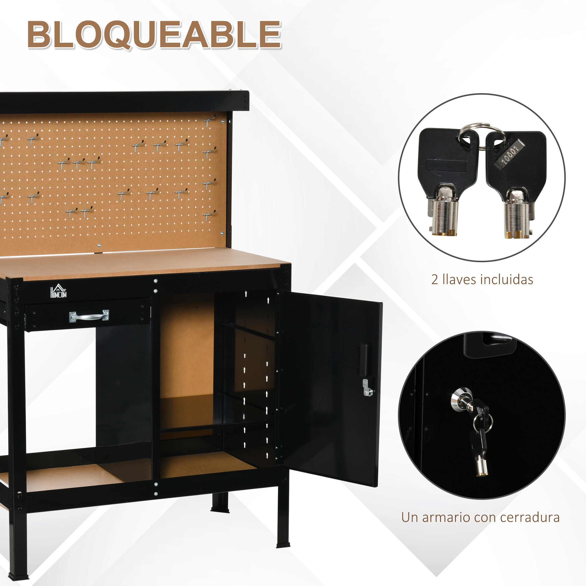 Banco de Trabajo 98,5x48x140 cm Carga 100 kg Mesa de Banco con Panel Perforado Cajón Estante y Armario con Cerradura Negro