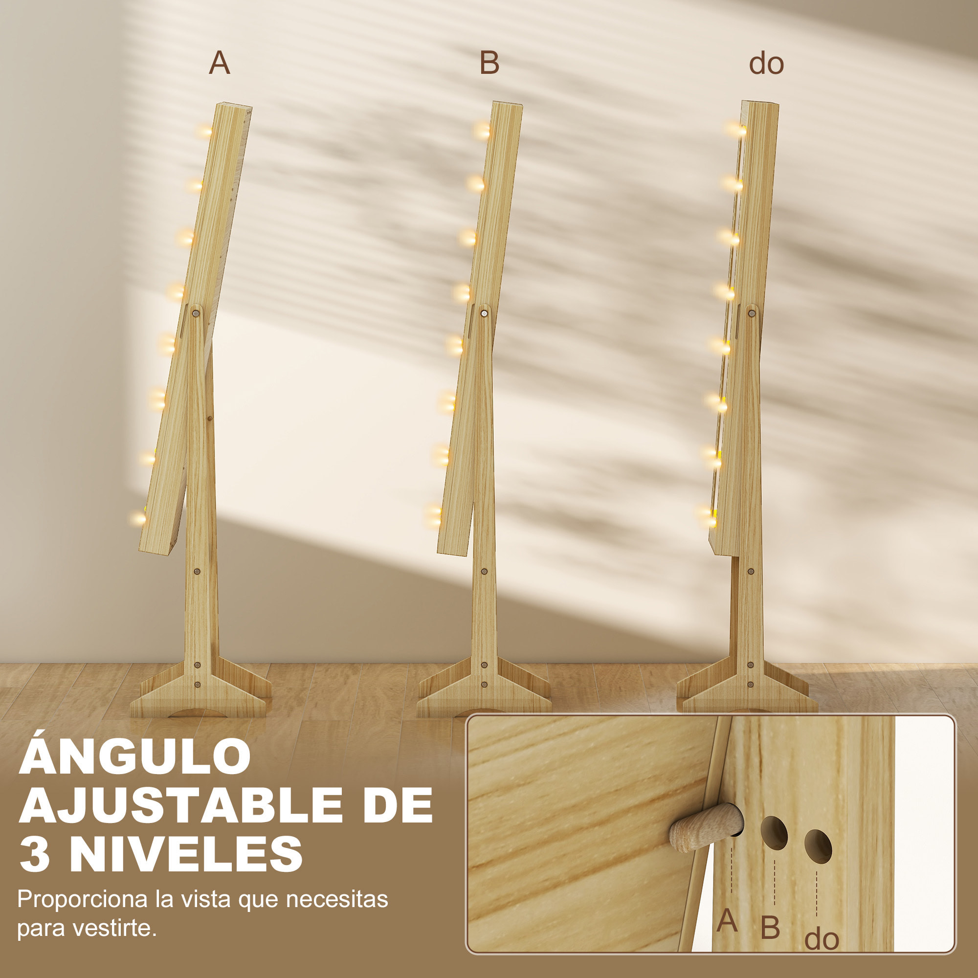 Espejo Joyero con Luces LED, Armario para Joyas, Armario Joyero de Pie con Espejo Entero, Ángulo Ajustable, con Estantes, Ranuras para Anillos, Madera Natural