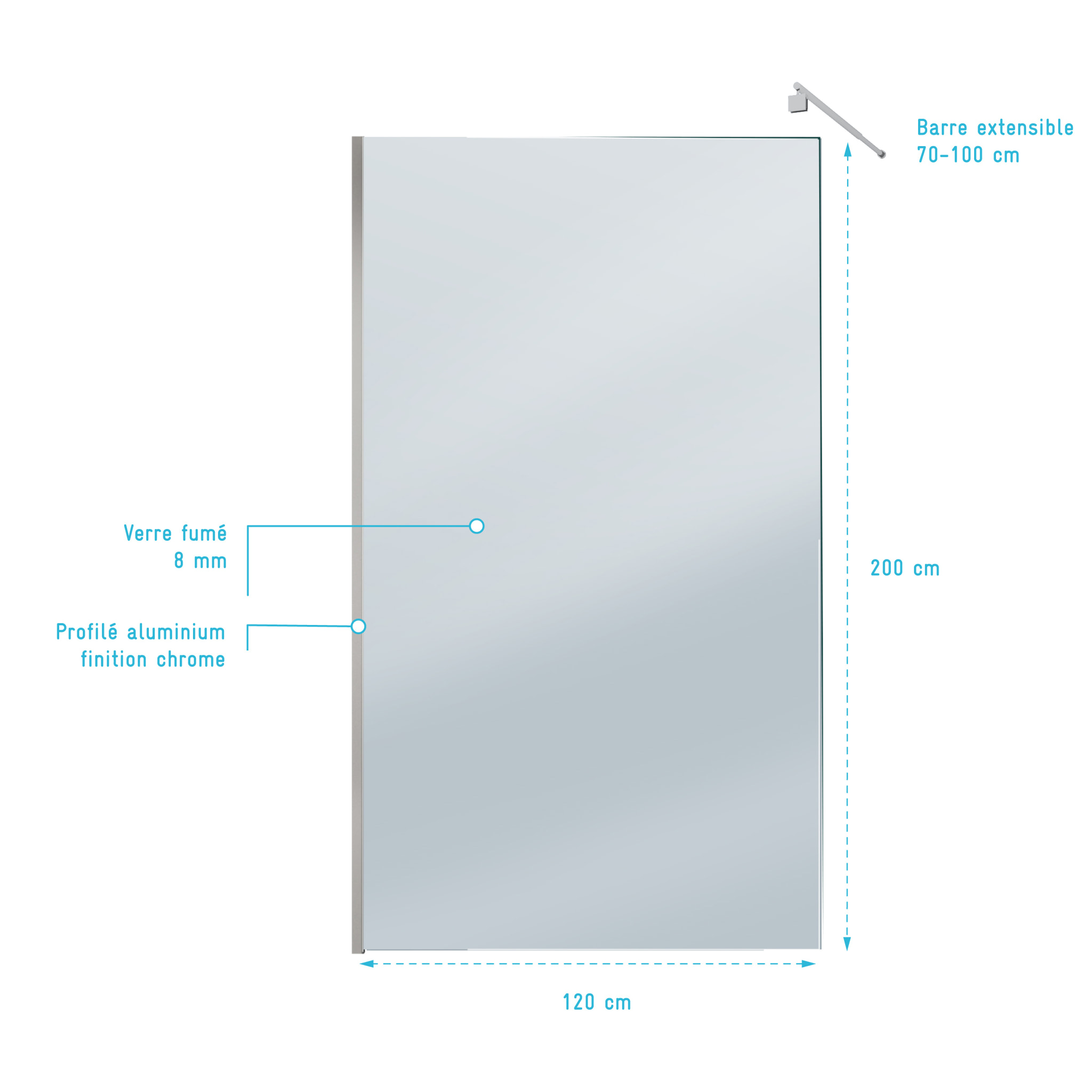 Paroi de Douche 120x200cm Verre Fumé 8mm - Barre de Fixation Extensible et Profil Chrome