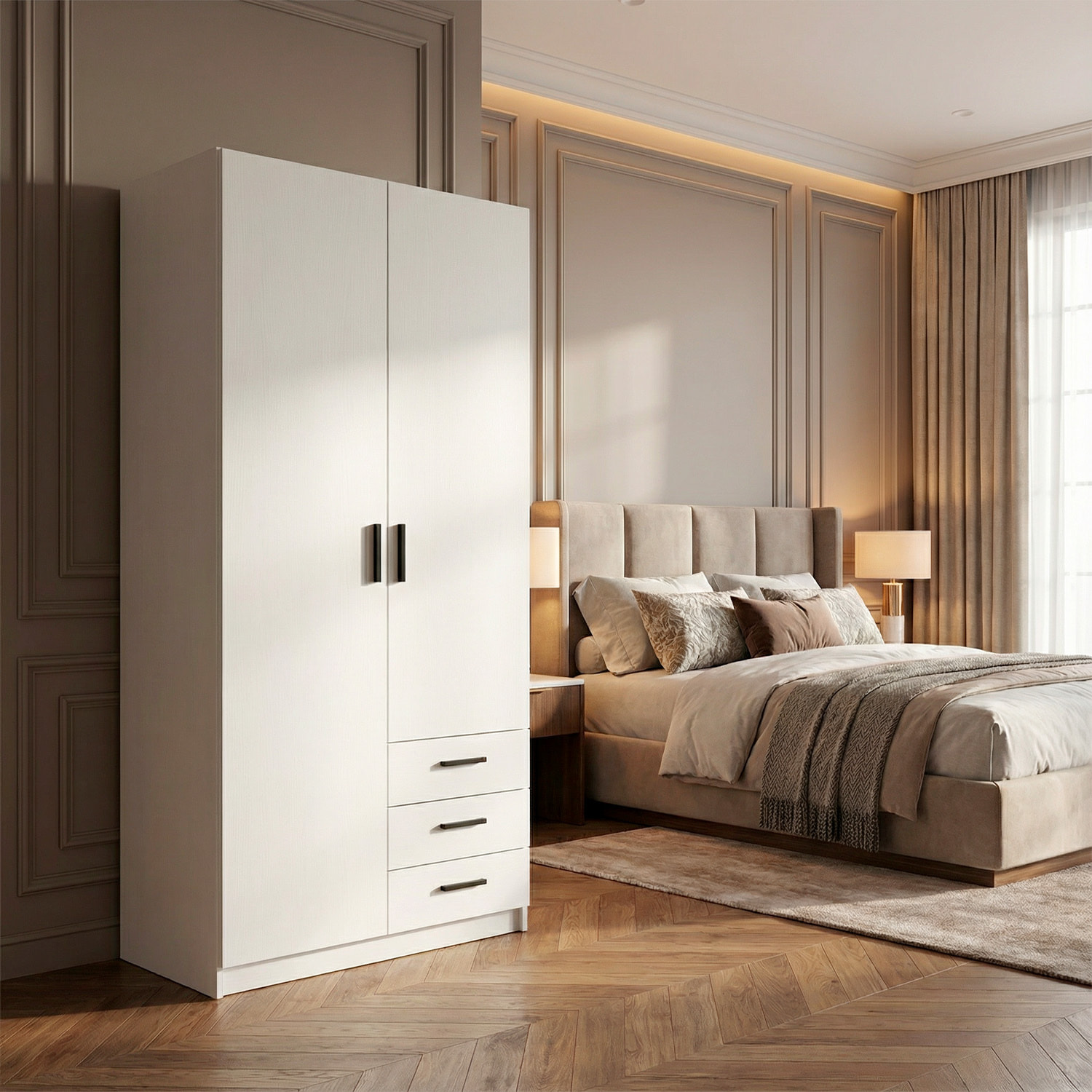 Armadio Con 2 Ante E 3 Cassetti Armadietto Multiuso Con Barra Appendiabiti E 4 Ripiani Di Cui 2 Regolabili Design Moderno 98.5x49.8x200.4 Cm Bianco