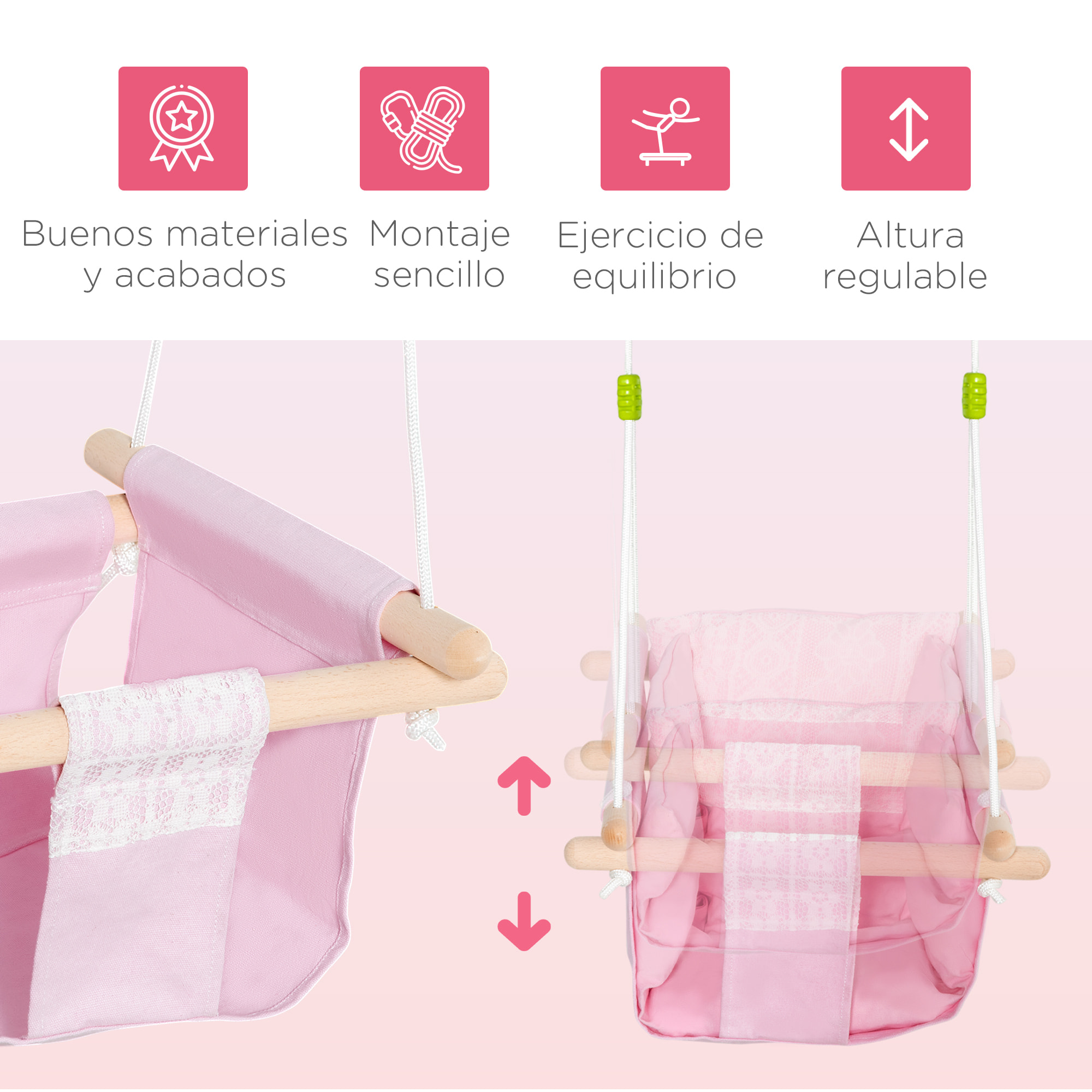 Columpio Bebé Altura Ajustable con Cinturón de Seguridad 80 kg 40x40x180 cm Rosa