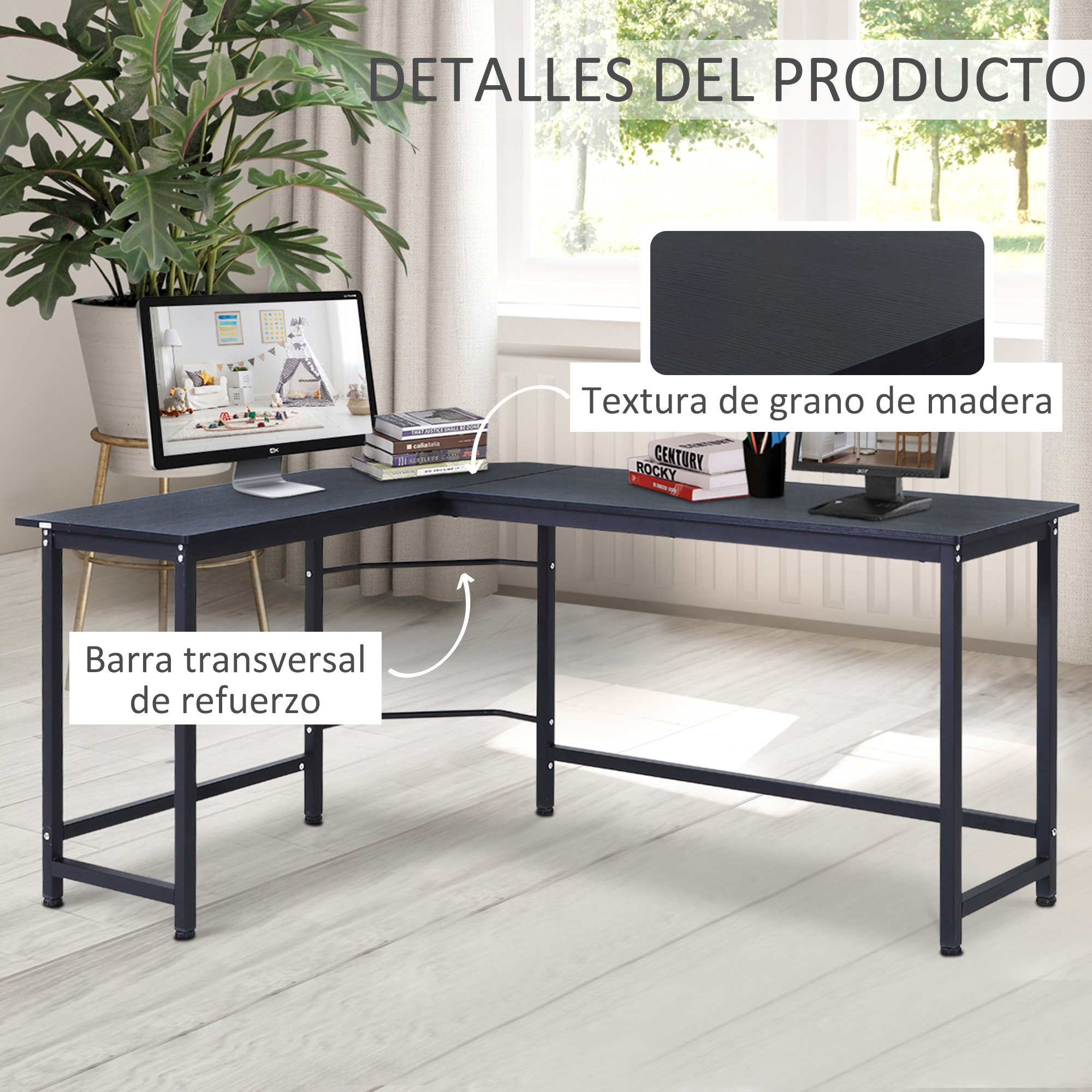 Mesa de Ordenador Escritorio para Oficina 168x120x75cm Negro