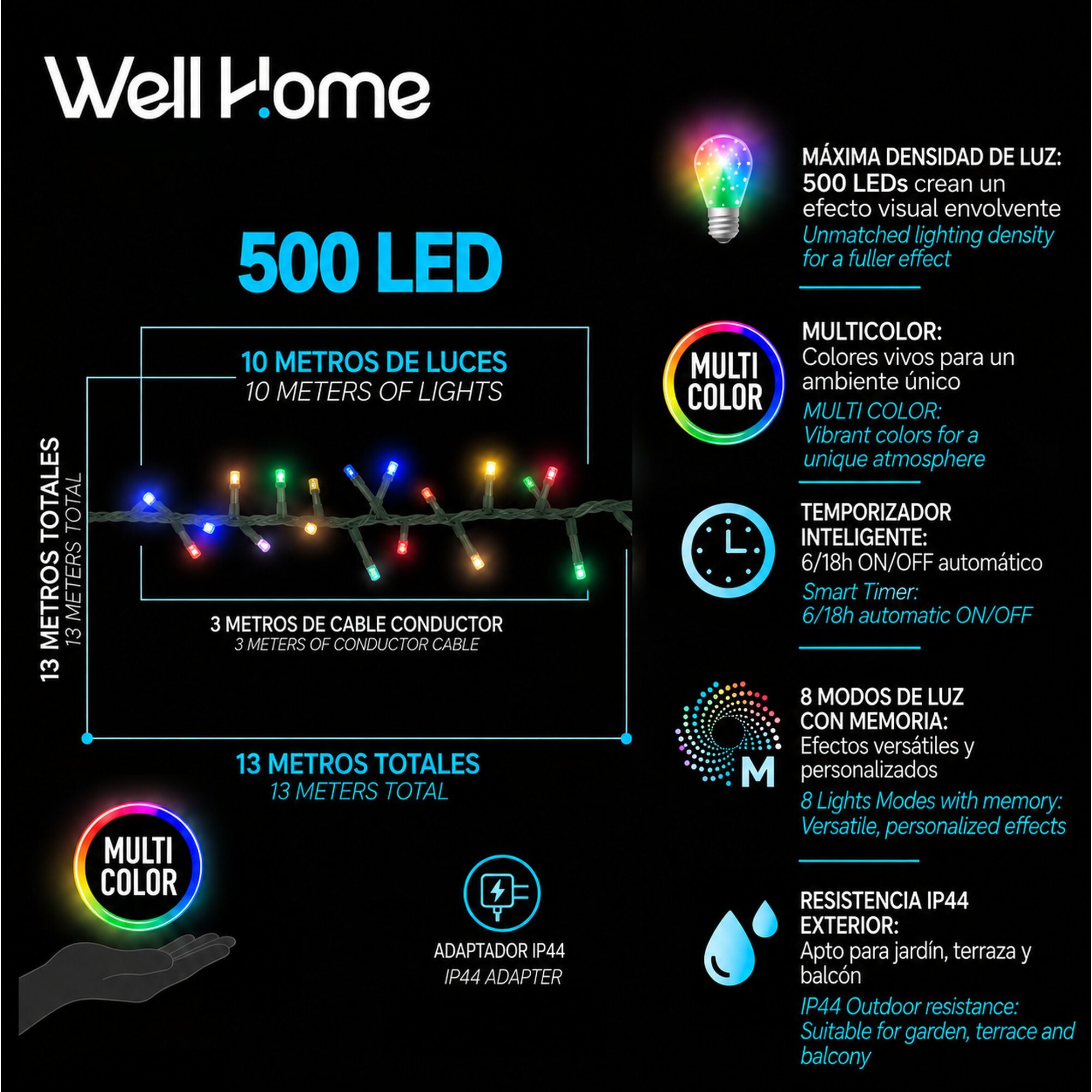 Clúster de 500 Luces LED Multicolor - 13 metros