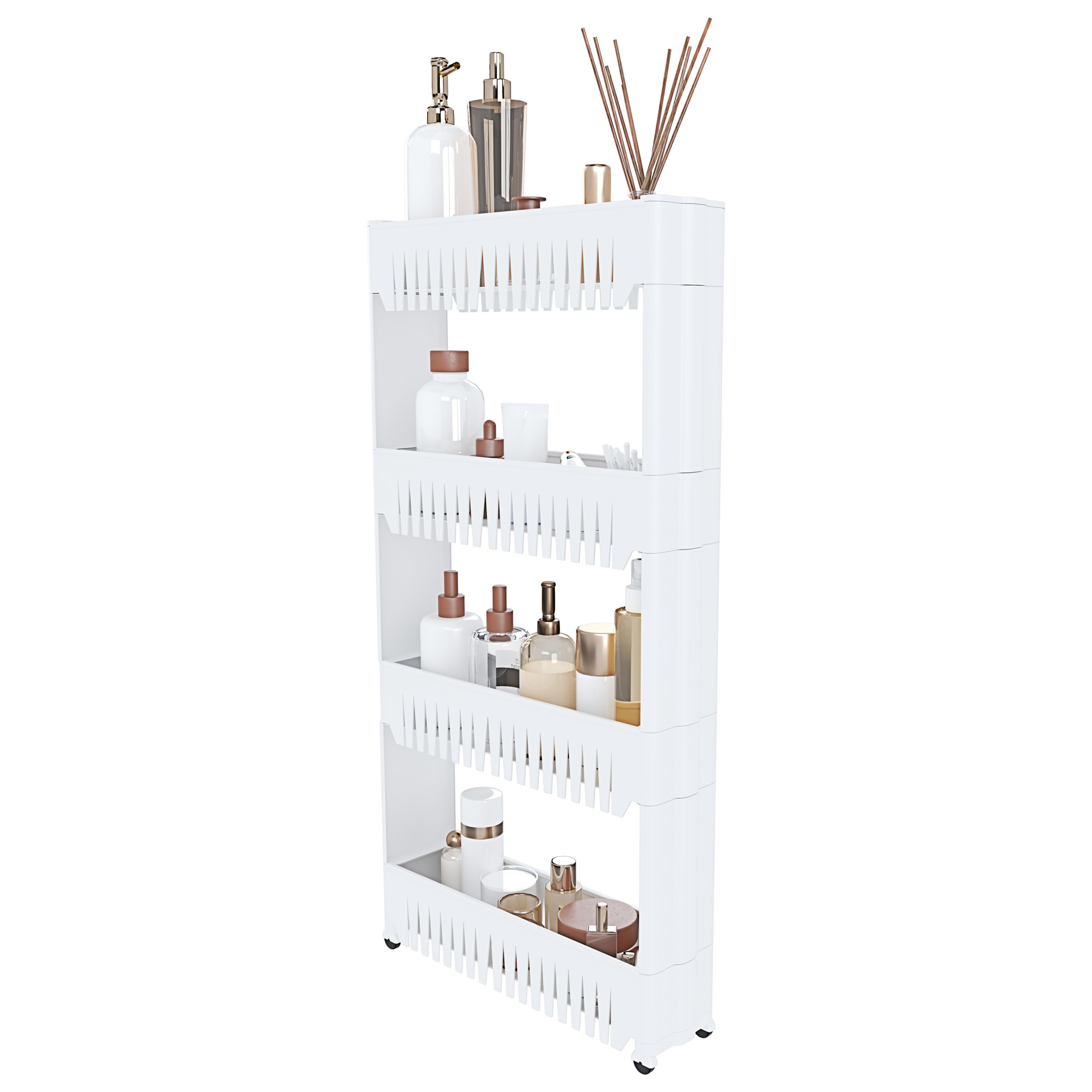 Carrello Da Cucina Salvaspazio Carrellino Portaoggetti Con Rotelle Ruote 4 Ripiani Dispensa Bagno Fino a 2.5 Kg Per Ripiano 103 x 12,5 x 54 cm Bianco