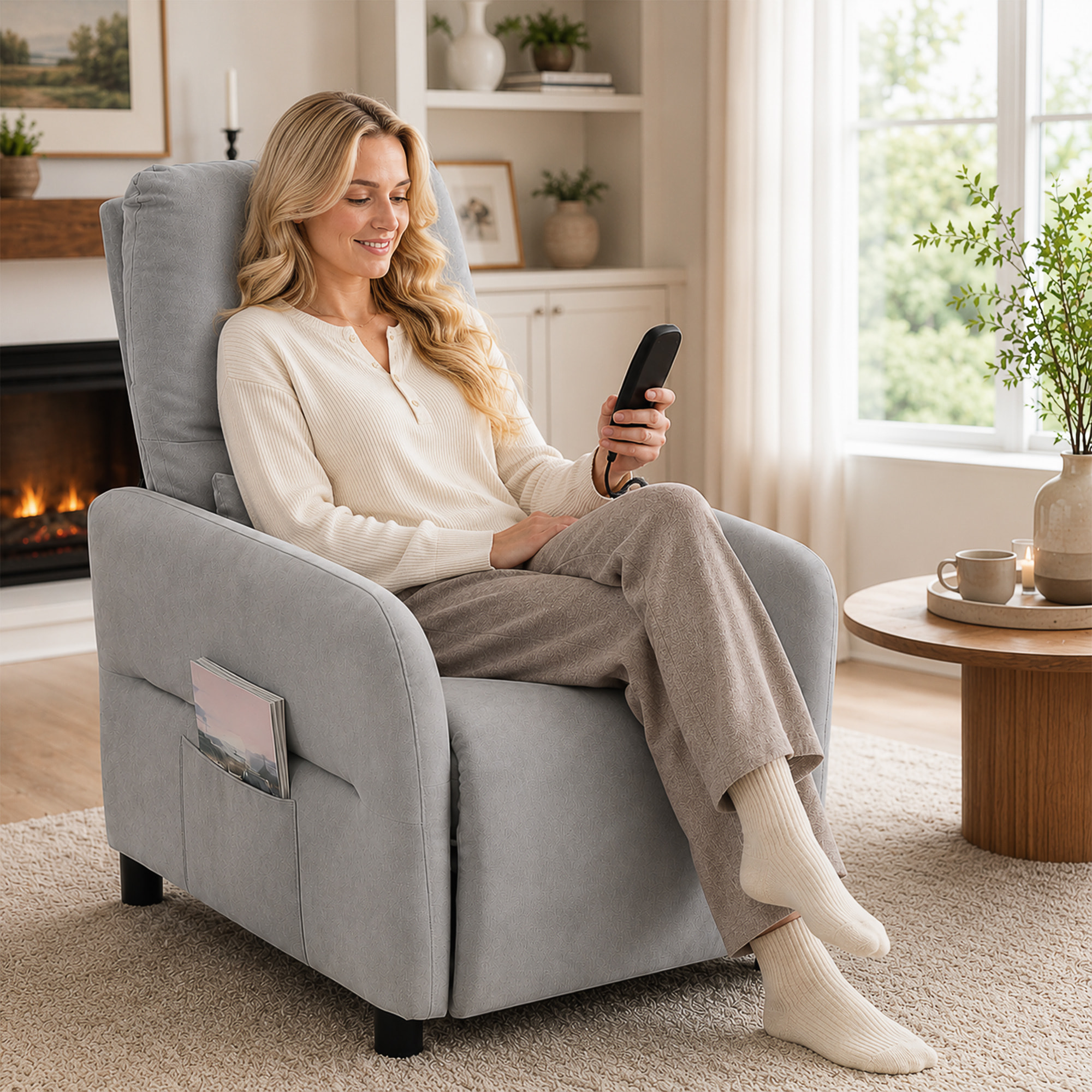 Sillón de Masaje, Sillón Relax Reclinable Manual con 8 Puntos Masaje, Calor Lumbar, Mando a Distancia, Asiento con Muelles, Reposapiés, Cojín Lumbar, Bolsillos Laterales, Tejido de Rizo, Gris