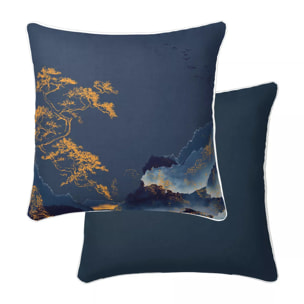 Taie d'oreiller satin de coton imprimé bleu or Fuji nocturne