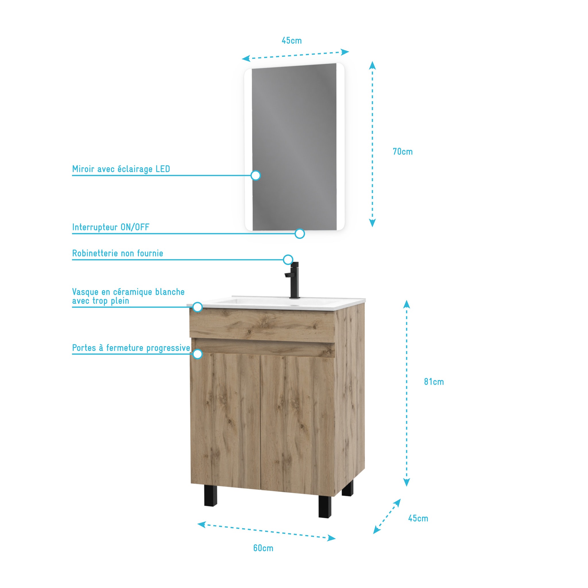Meuble salle de bain 60x80 - Finition chene naturel - vasque blanche + miroir Led - TIMBER 60
