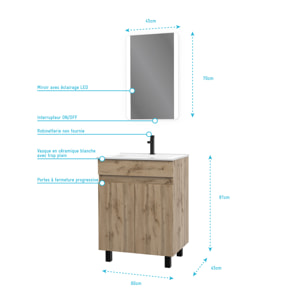 Meuble salle de bain 60x80 - Finition chene naturel - vasque blanche + miroir Led - TIMBER 60