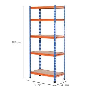 Rayonnage charges lourdes ou volumineuses - étagère garage - 5 tablettes réglables en hauteur - métal bleu orange MDF