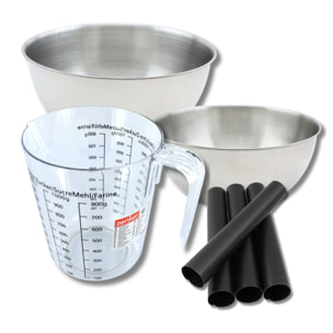 Set pâtisserie avec 4 moules tube 13 cm, 2 bols à mixer, verre mesureur et spatule Zenker