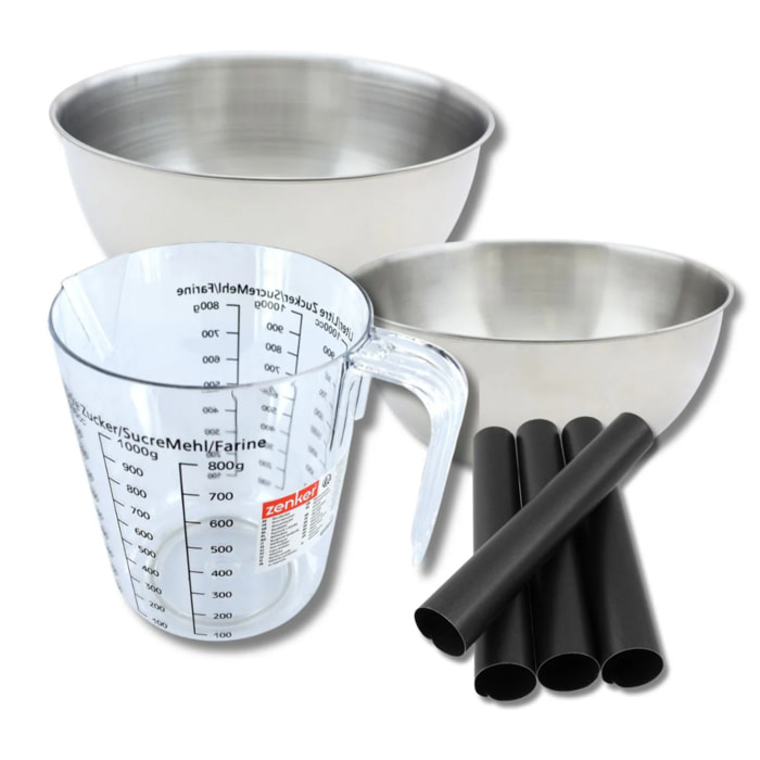 Set pâtisserie avec 4 moules tube 13 cm, 2 bols à mixer, verre mesureur et spatule Zenker