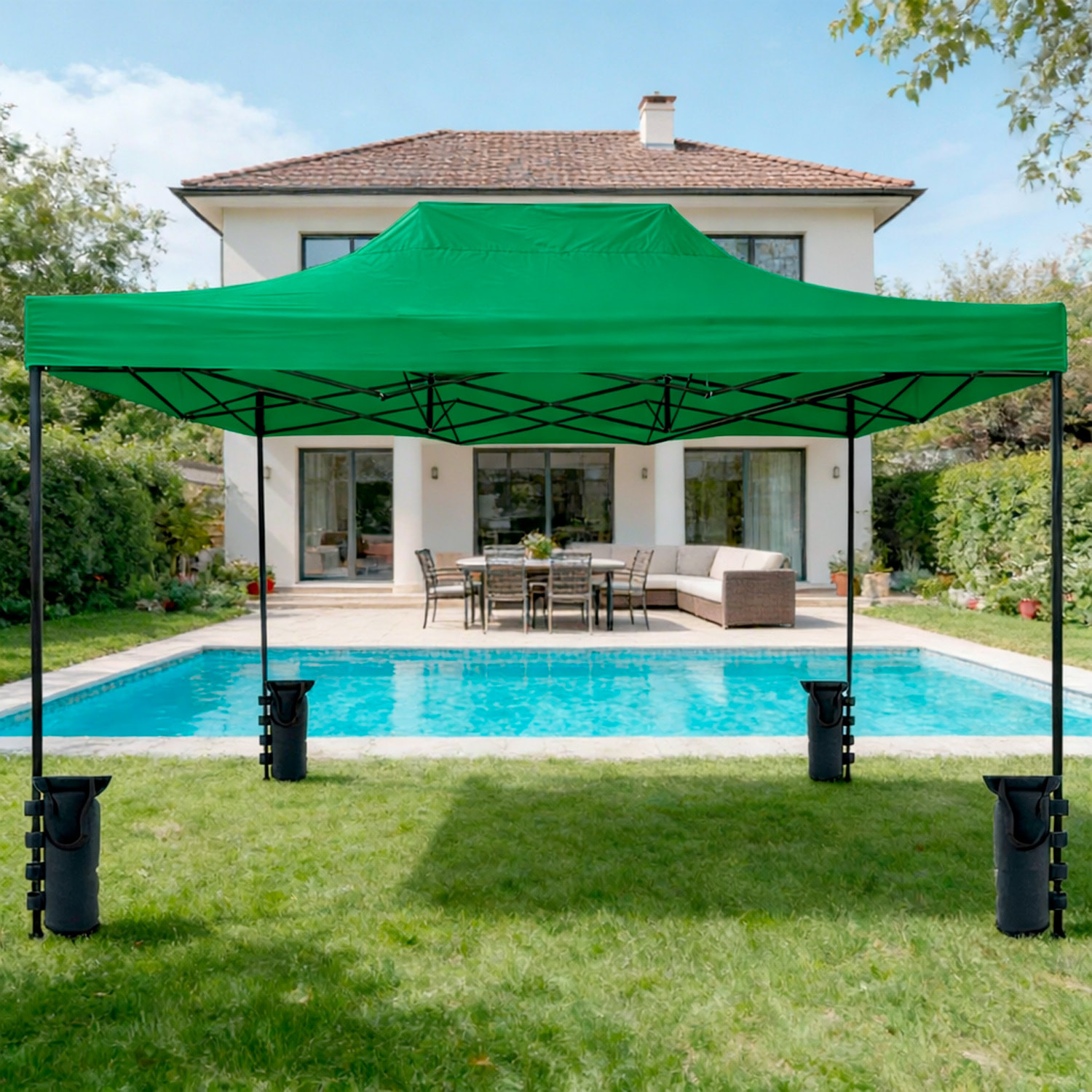 Gazebo Professionale 3x4.5 M Richiudibile Automatico In Acciaio E Telo Oxford 1200D PVC Impermeabile Anti UV Struttura a Fisarmonica con Sacche Verde