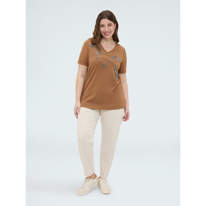 Fiorella Rubino - T-shirt in cotone con ricamo floreale - Marrone