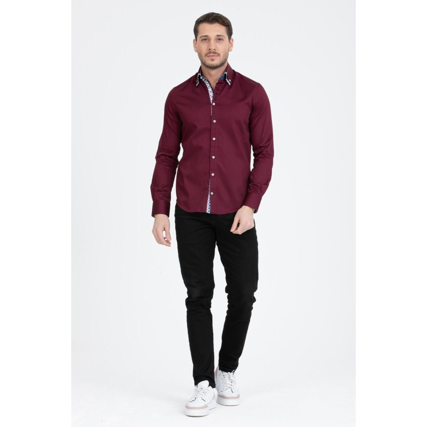 Camicia Uomo 2 Bottoni Button Down 7bottoni Doppio Coll Satin Unito Bordeaux