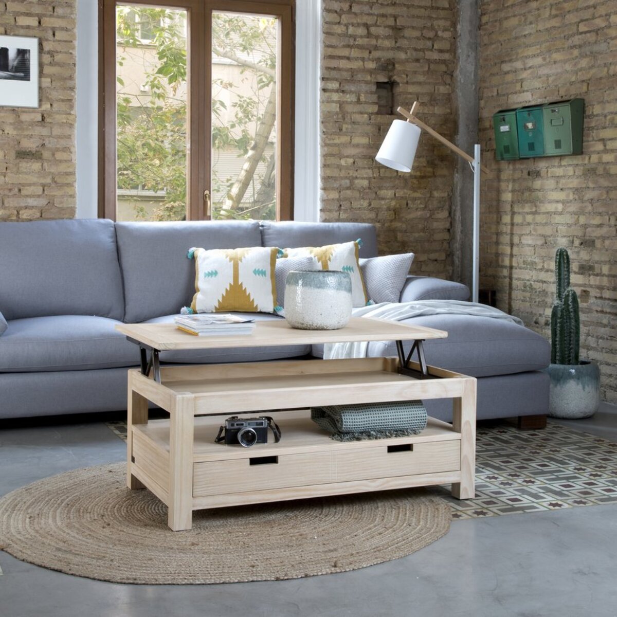 Table basse avec plateau relevable Jil -bois massif, panneau de mdf et placage naturel-couleur naturel 110 x 45 x 60 cm