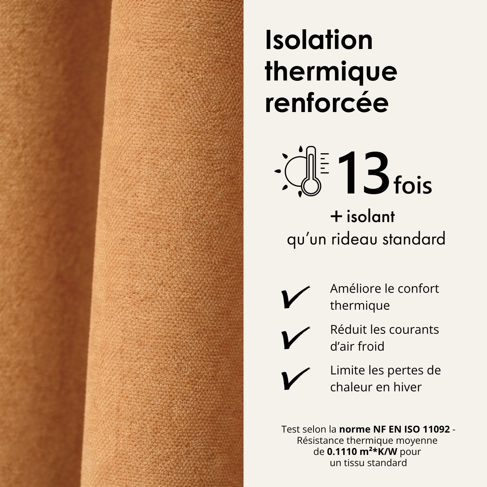 Rideau thermique phonique et semi occultant à galons fronceurs KONFOR - Jaune Ocre