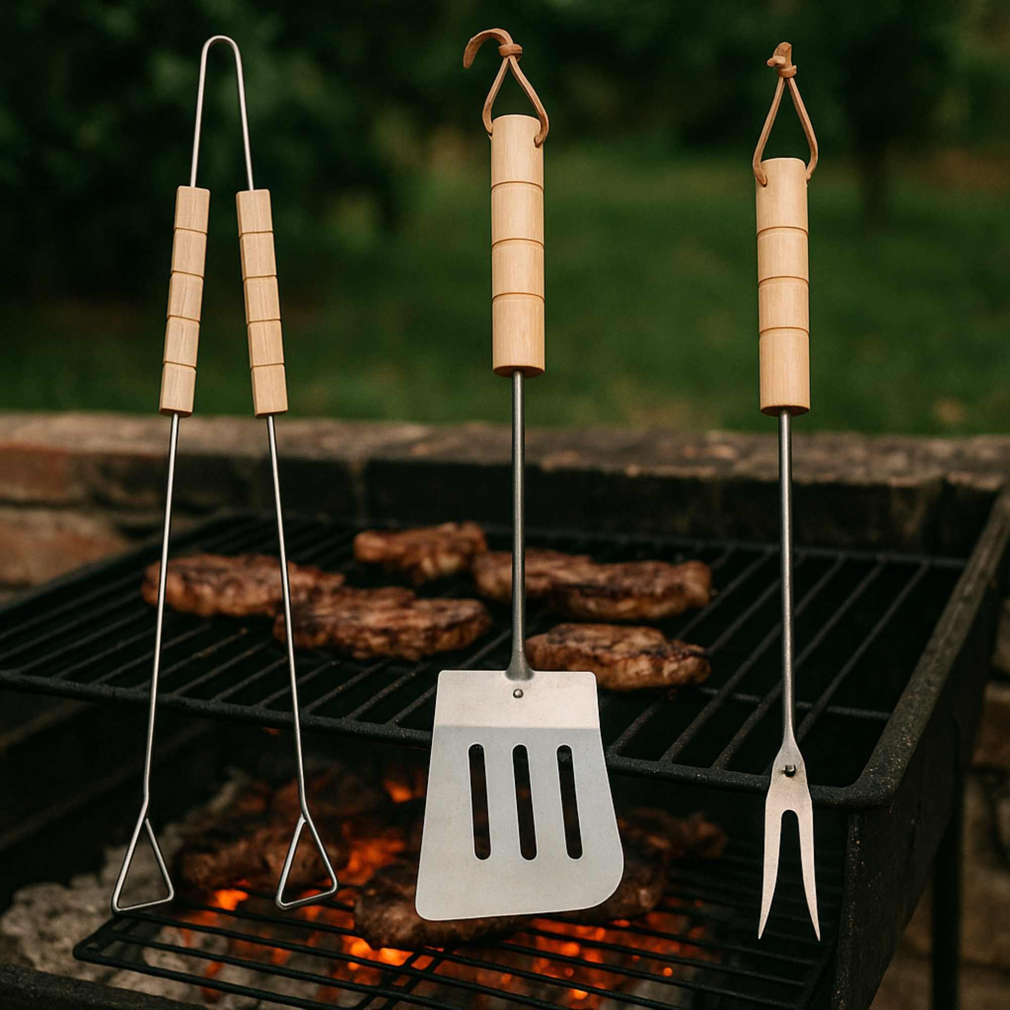 Set de herramientas para barbacoa de acero cromado con mango de madera