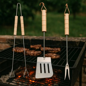 Set de herramientas para barbacoa de acero cromado con mango de madera