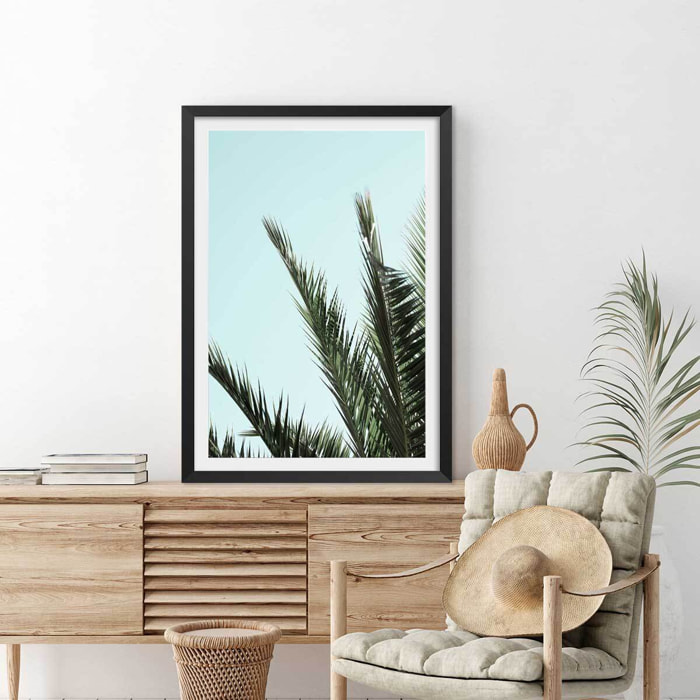 Poster palme bleue Affiche + cadre en bois - Noir