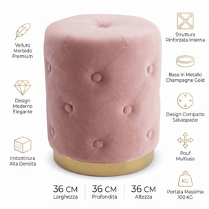 Pouf contenitore rotondo in velluto con base oro Ø37x47 cm, sgabello imbottito con vano portaoggetti, seduta elegante design moderno per salotto camera da letto ingresso cabina armadio e angolo trucco, portata fino a 100 kg