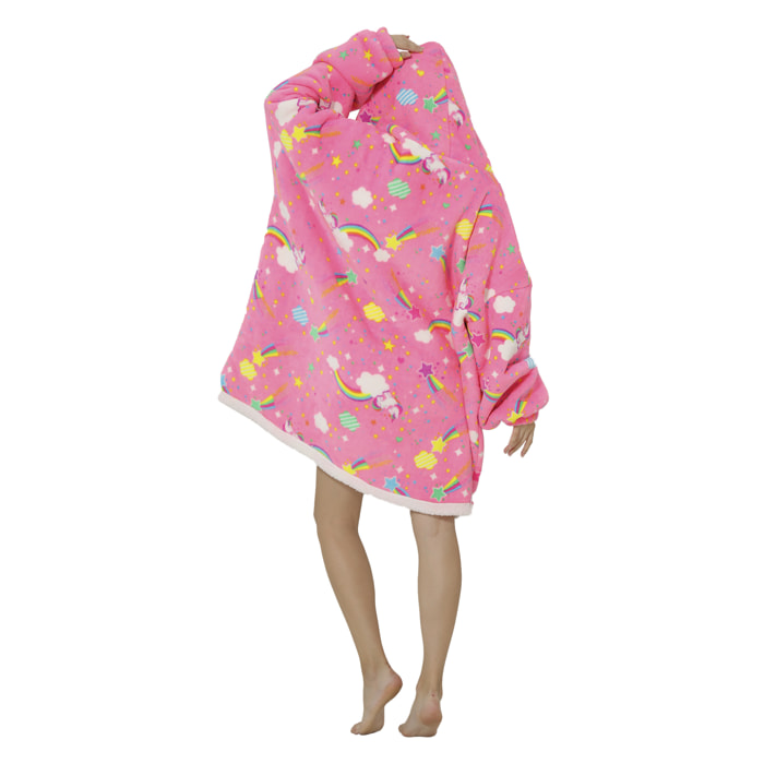 Bata estilo sudadera y manta de felpa extrasuave. Bolsillo frontal tipo canguro. Diseño Arcoiris y Unicornios