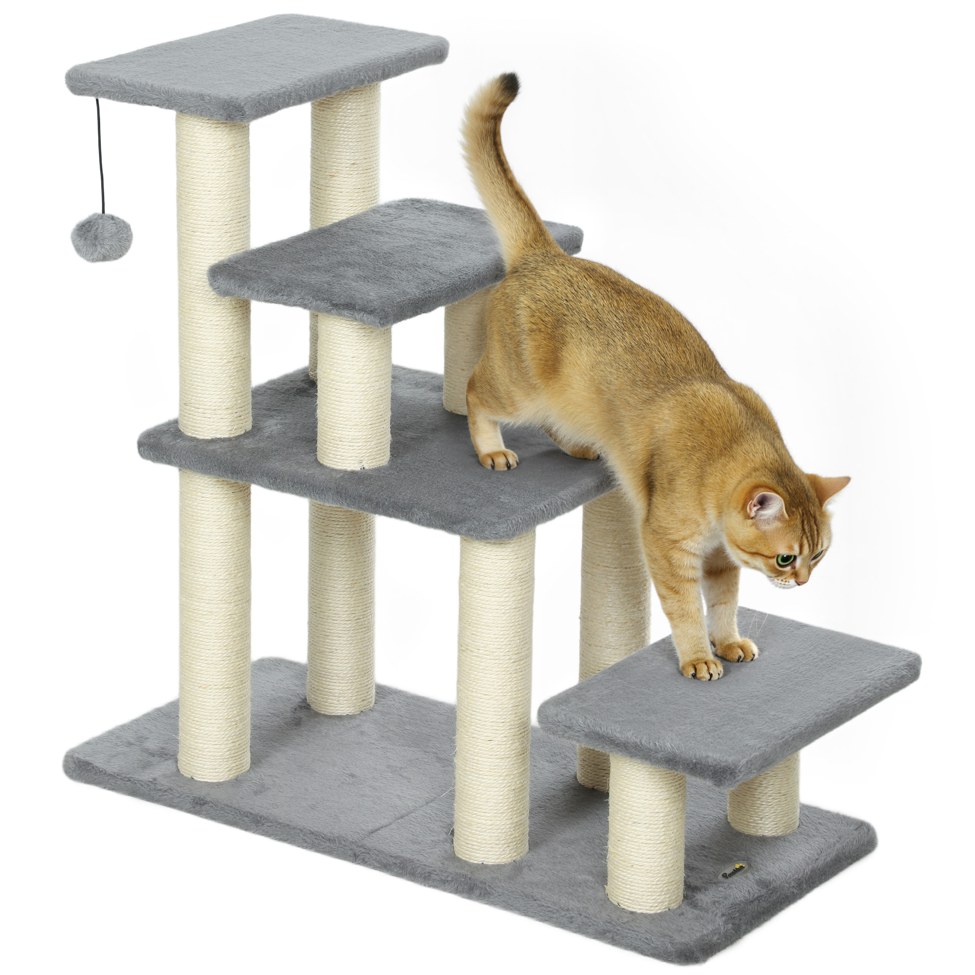 Escalera para Mascotas Ajustable de 3/4 Peldaños, Escalera para Gatos con Postes Rascadores, Bola Colgante, para Cama, Sofá, Alféizares, Gris