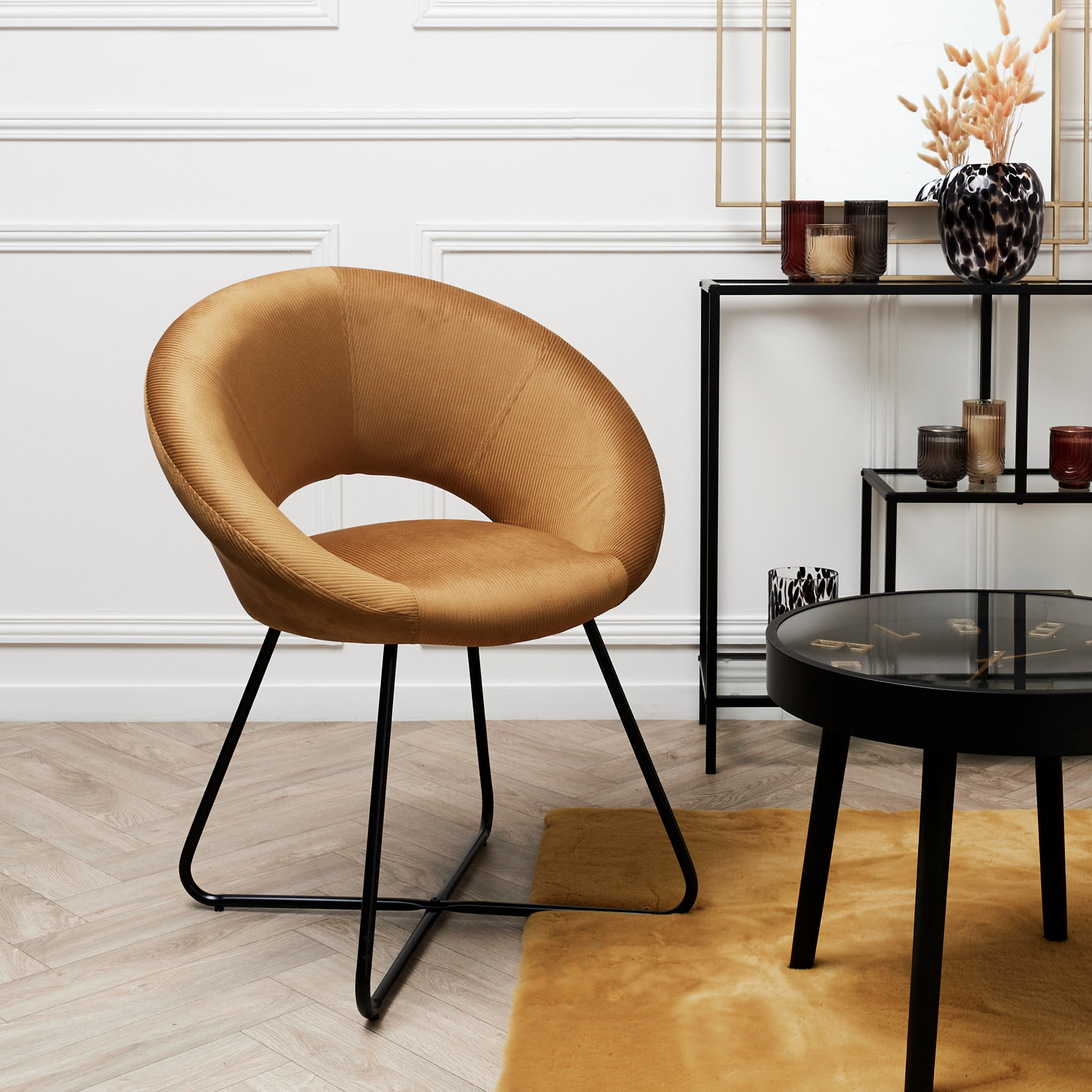 Fauteuil Rond Velours Cotele Giulia Jaune
