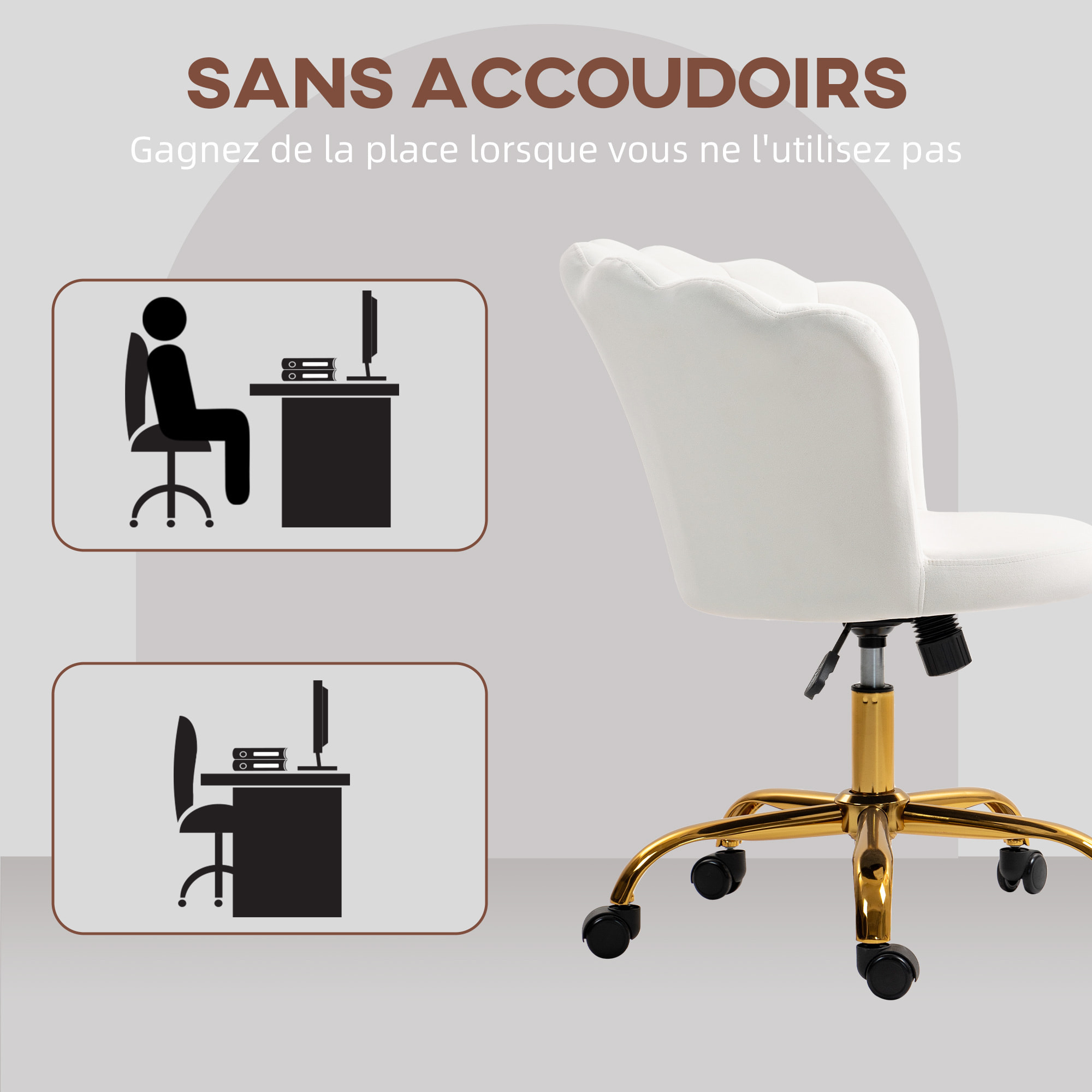 Chaise bureau velours design coquillage piètement acier doré blanc