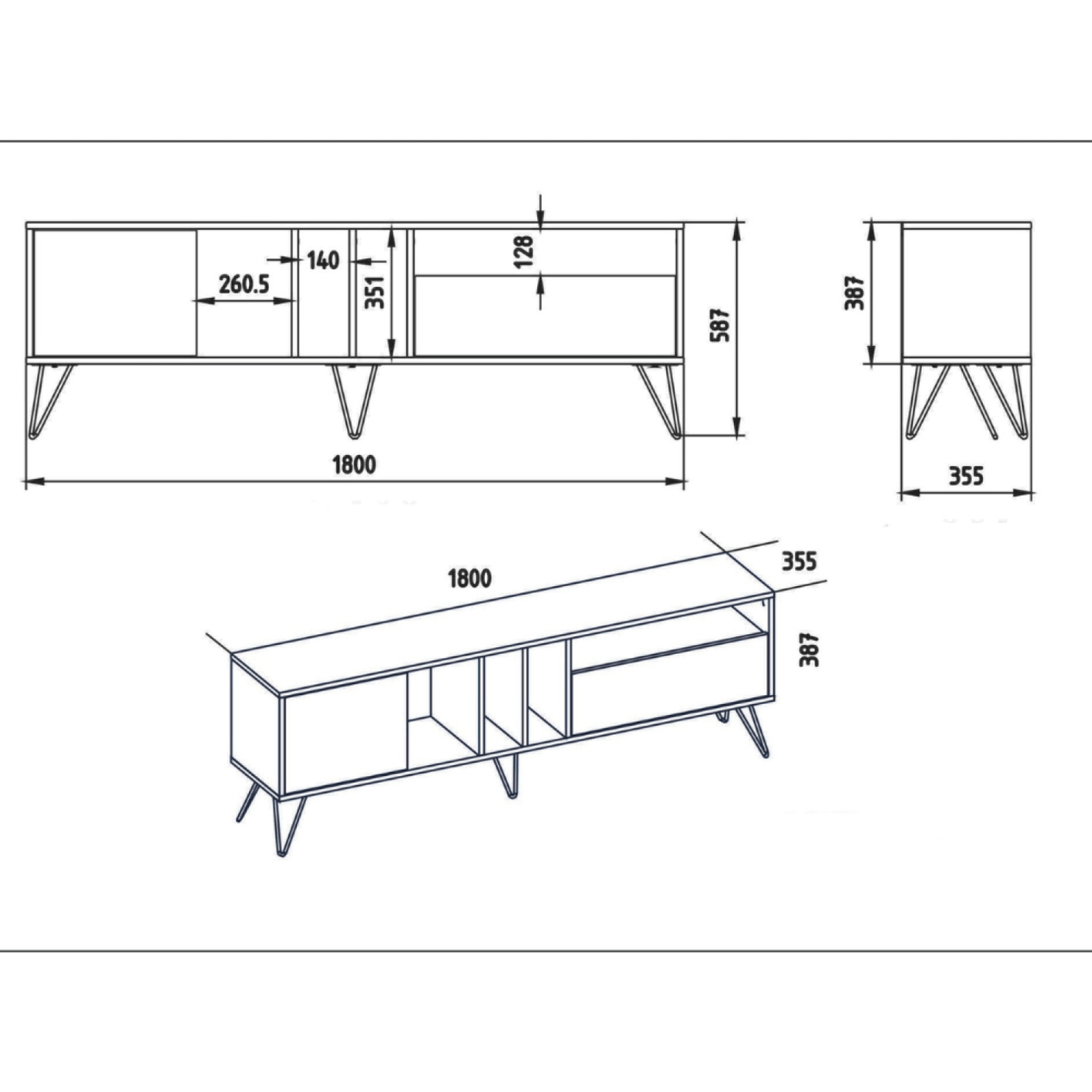 CUVU - Meuble TV bois et or avec rangement 180 cm