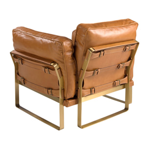Sillón Angel Cerdá con reposabrazos con asiento y respaldo tapizados en piel de origen vacuno en camel ppatas de acero inoxidable en dorado 97x88x82cm