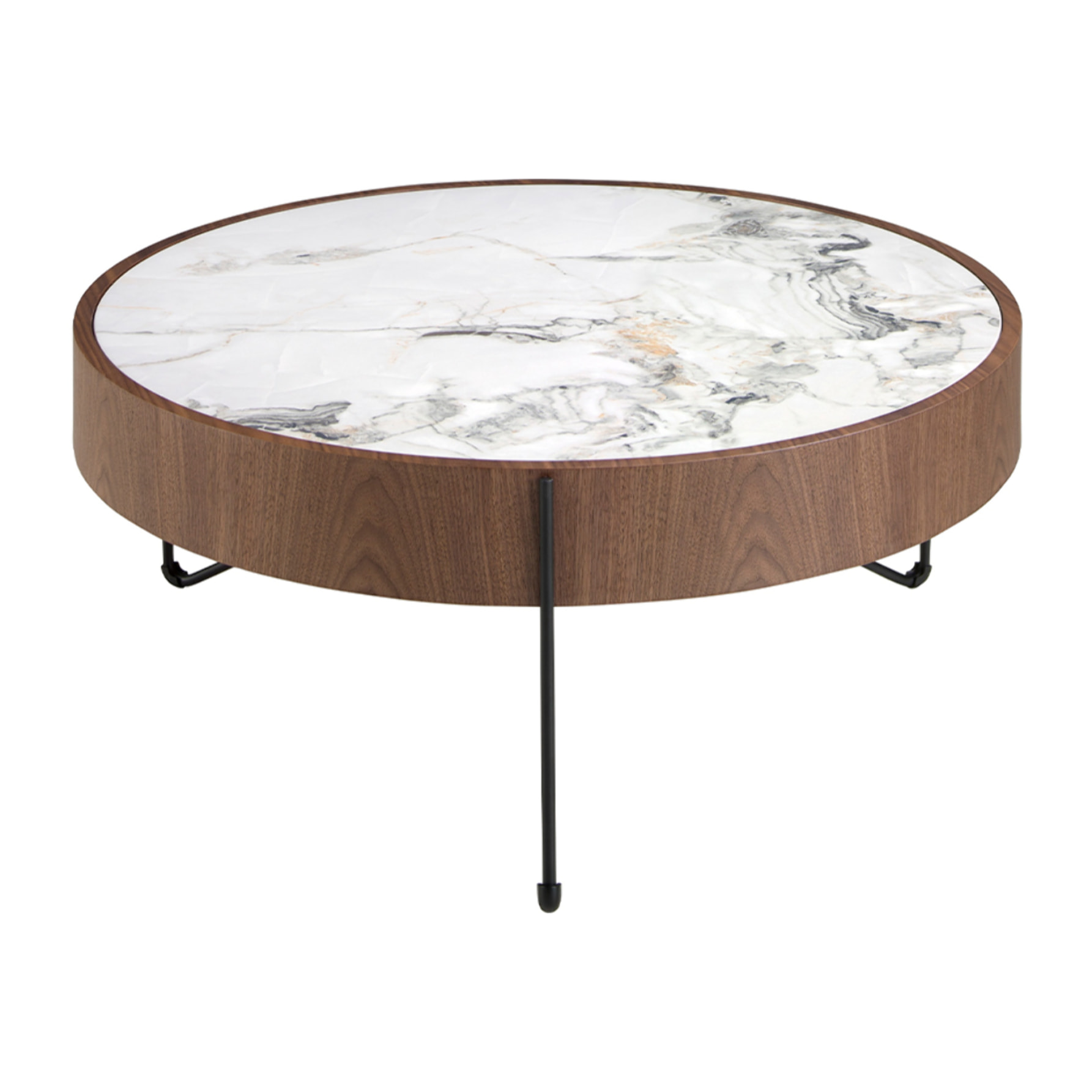 Mesa centro Angel Cerdá redonda en madera chapada en nogal natural y tapa de mármol porcelánico blanco con vetas en tonalidades grises y marrones en brillo 81x81x33cm